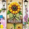 Spring Sunflower Door Cover Welcome Spring Decorations Theme Party Photo Background Bee Flower Bow Backdrop Photography 35 x 70 in Spring Party