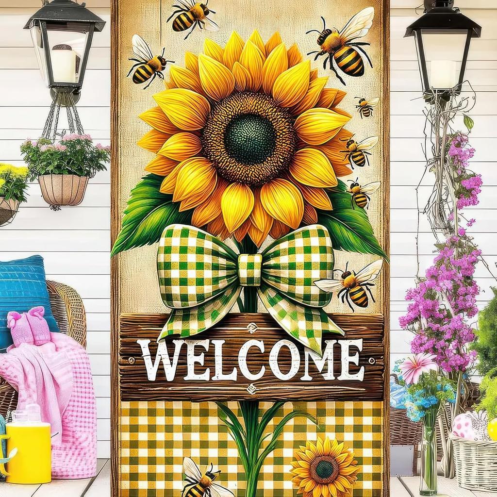 Spring Sunflower Door Cover Welcome Spring Decorations Theme Party Photo Background Bee Flower Bow Backdrop Photography 35 x 70 in Spring Party