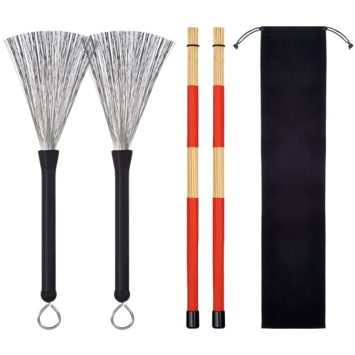 Vaorwne 1 Pair of Drum Brushes, Retractable Wire Brushes, Drumstick Brushes + 1 Pair of Rod Drum Brush Sticks, Drumstick Set