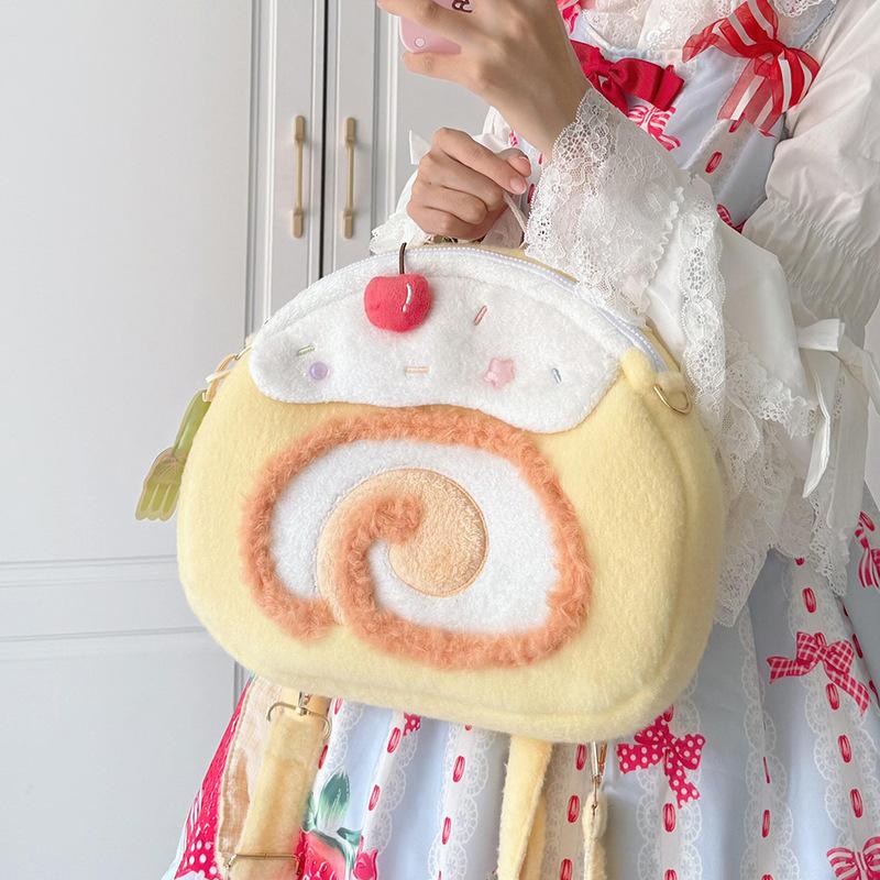 Милый плюшевый рюкзак в виде рулета Kawaii Десертный дизайн Сумка через плечо Большая вместимость Лолита Стиль Пушистая сумка на плечо Для девочек