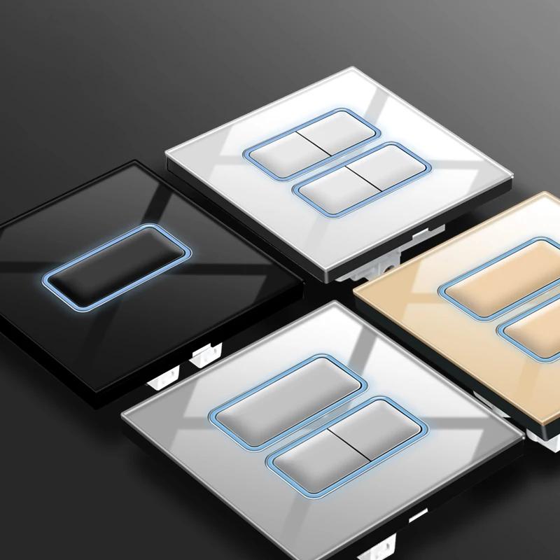 EU светодиодный настенный светильник кнопочный выключатель 1/2/3/4 Gang настенная панель универсальная черная стеклянная панель включения/выключения 16A AC 110V-220C UK двойная розетка