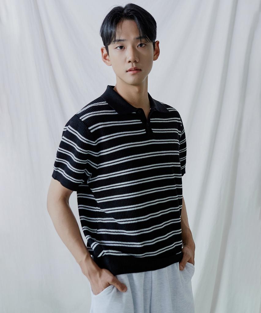 POLYGRAM Multi-Stripe Textured Collared Short Sleeve Knit - Black