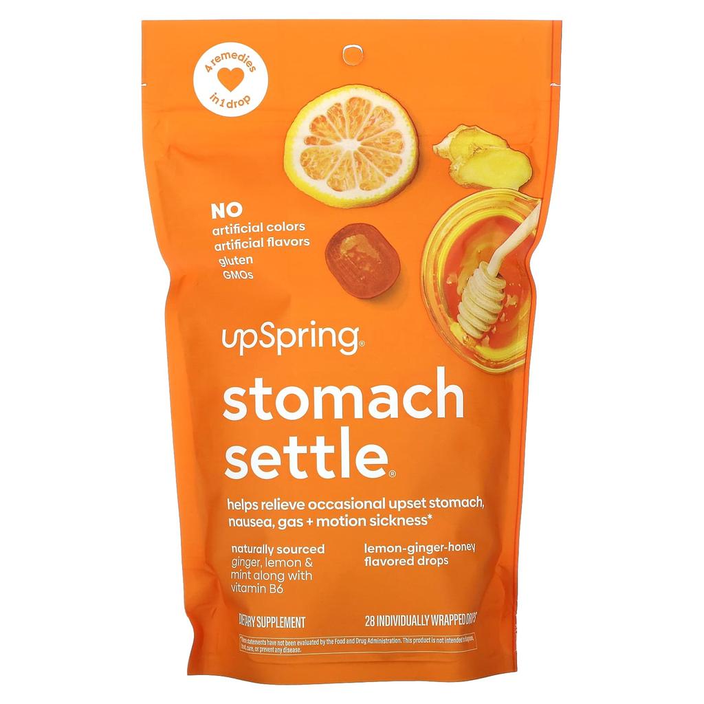 UpSpring, капли для желудка Stomach Settle, лимон-имбирь-мед, в индивидуальной упаковке 28 капель