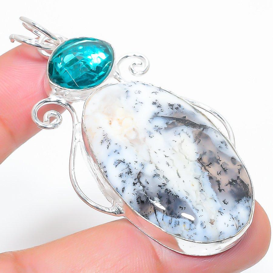 Подвеска из натурального дендрита опала,турмалина из стерлингового серебра 925 пробы 2,56 дюйма d1J49