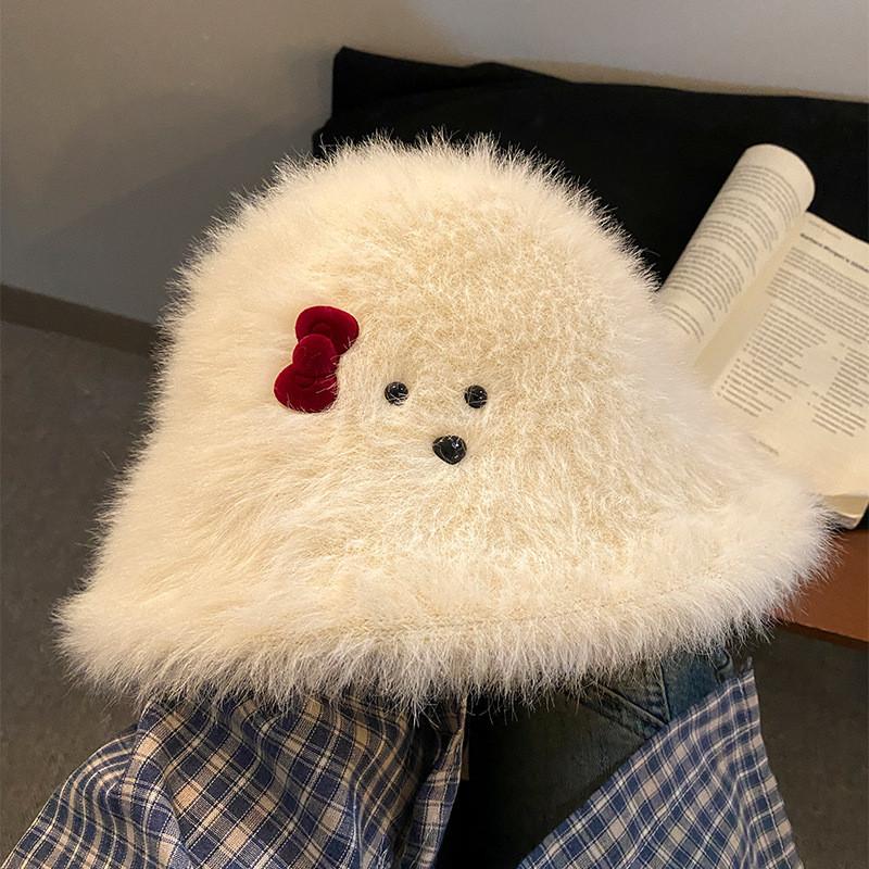 Plush White Stylish Fisherman Hat With Bow For Women Perfect For Fall Winter