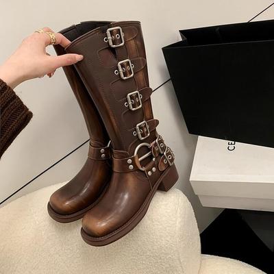 Ботинки на платформе Combat Boots Zip Chuny Heel Buckle Vintage Fashion Casual Luxury Designer Western Mid Calf Boots Shoes Woman