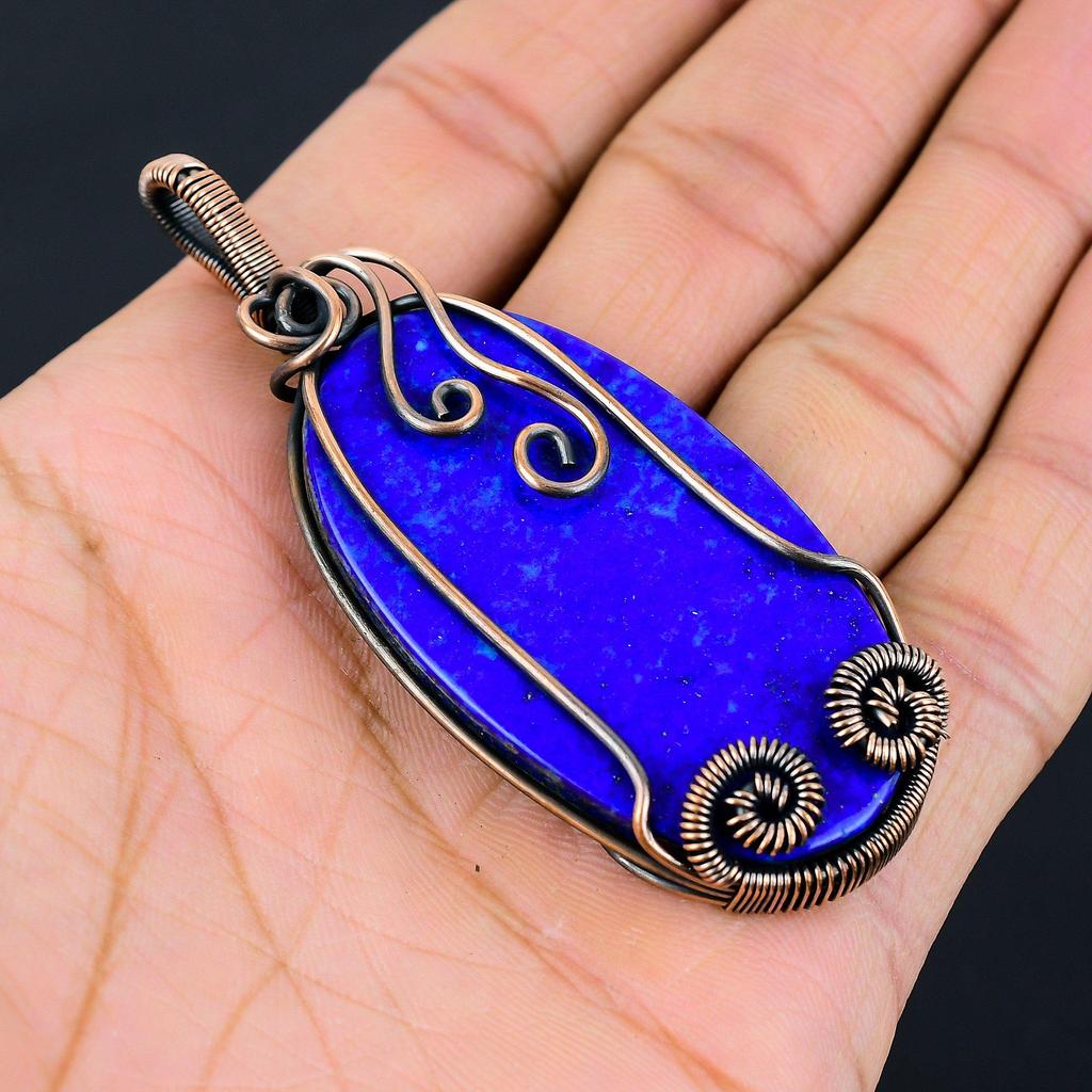 Лазурит Драгоценный камень Чистая медная проволока Обернутая ювелирная подвеска ручной работы