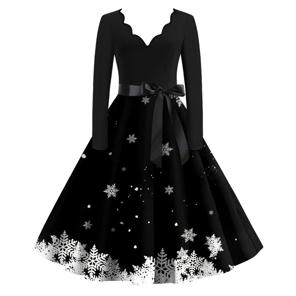 Женские модные повседневные тонкие рождественские платья с длинным рукавом с v-образным вырезом и принтом