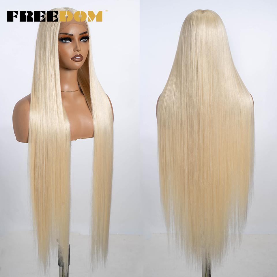 FREEDOM Synthetic Lace Front Wigs For Women 38" Super Long Silky Straight Wigs Highlight Ombre Blonde Wig 6" Deep Part Lace Wig