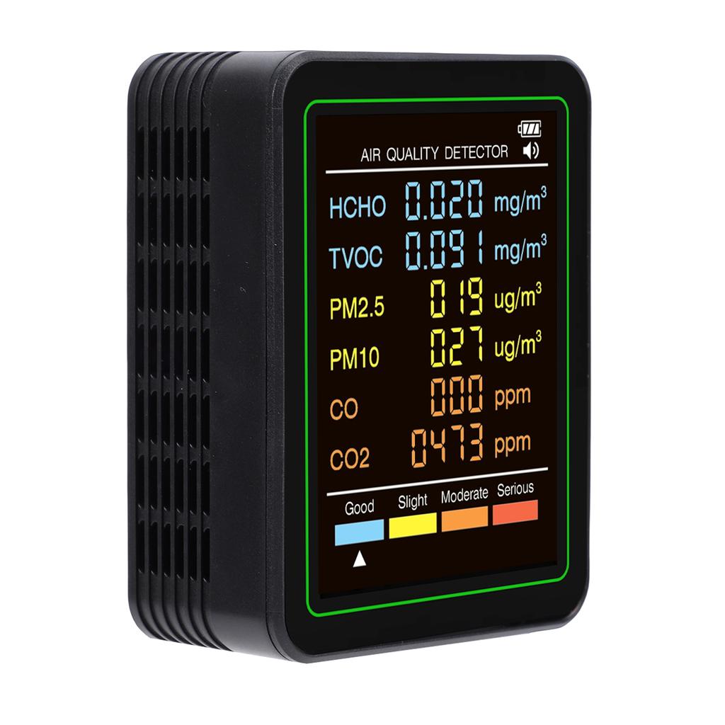 6-в-1 Монитор качества воздуха с обнаружением CO CO2 TVOC HCHO PM2.5 PM10, Инфракрасный датчик, Цветной ЖК-экран, Портативный, для дома