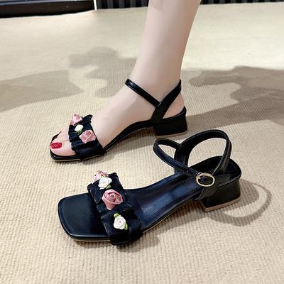 Нежные фееричные сандалии женские летние темпераментные элегантные цветы с юбками сандалии на толстом каблуке