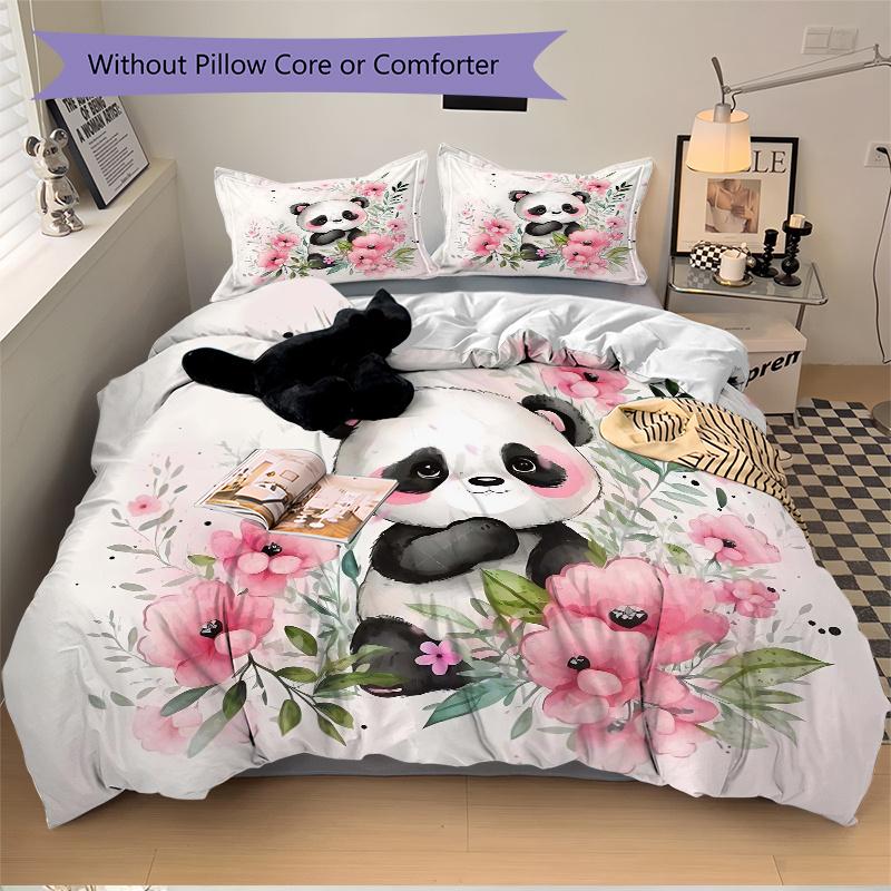 3pcs Flowers & Panda Art Pattern Bedding Three-Piece Set (No Fillings), Soft and Comfortable M055