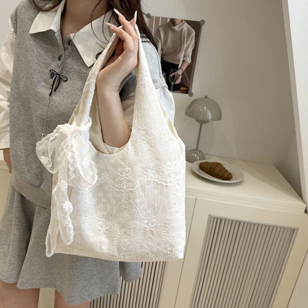 Tote Bag Lace Shoulder Bag Korean Style Large Capacity Bag Big Pouch Simple Canvas Handbag Daily