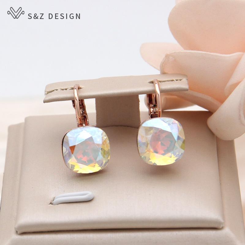 Fashion Square Colorful Crystal Drop Earrings For Women Wedding Rose Gold Color Jewelry Eardrop