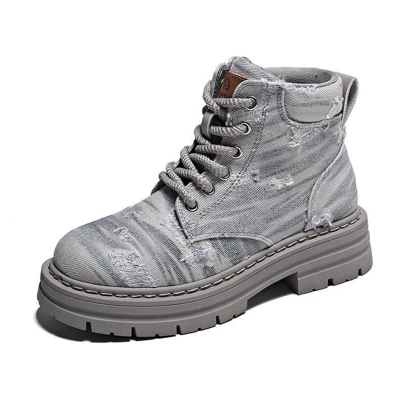 Fashion Denim Women's Ankle Boots Lace Up Commuter Female Boots Patchwork Fabric Platform Woman Low Heel Sports Boots