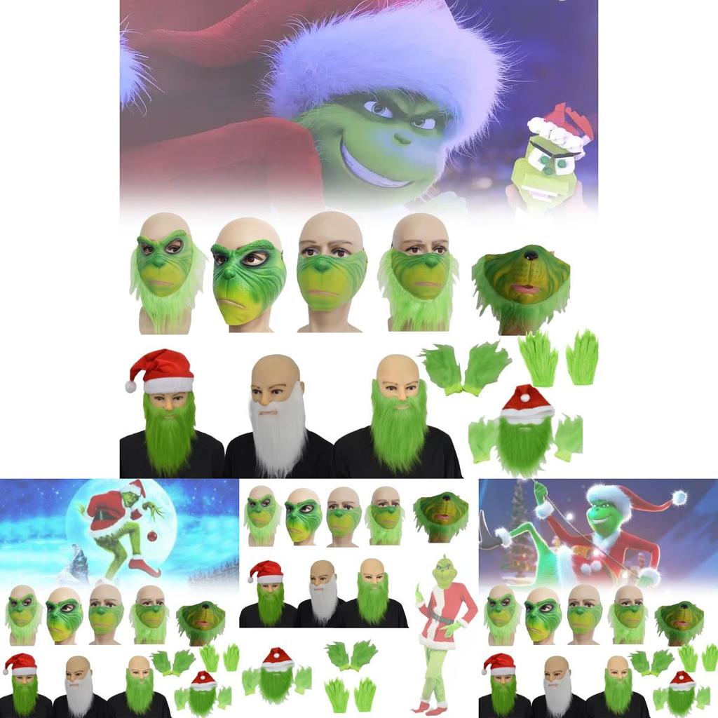 Маска Гринча на пол-лица с зелеными волосами и причудливым дизайном для рождественских празднований