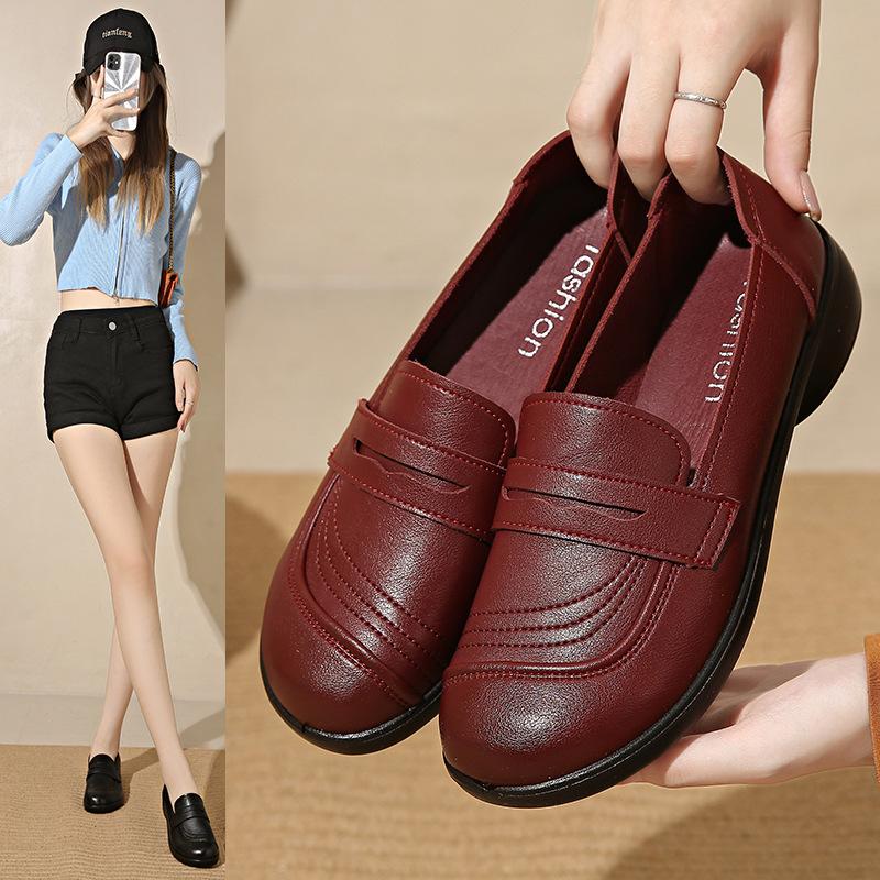 2024 весна и осень обувь для мам мягкая подошва удобная рабочая кожаная обувь женская обувь среднего и пожилого возраста одинарные туфли нескользящие туфли на плоской подошве
