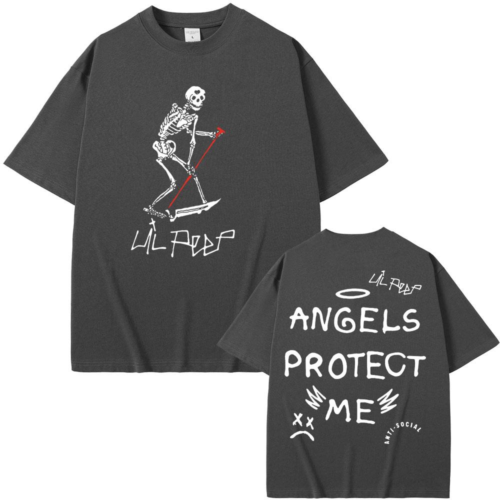 Футболки с графикой скелета рэпера Lil Peep Cry Baby Angels Protect Me для мужчин и женщин, хип-хоп, винтажные, оверсайз, с коротким рукавом
