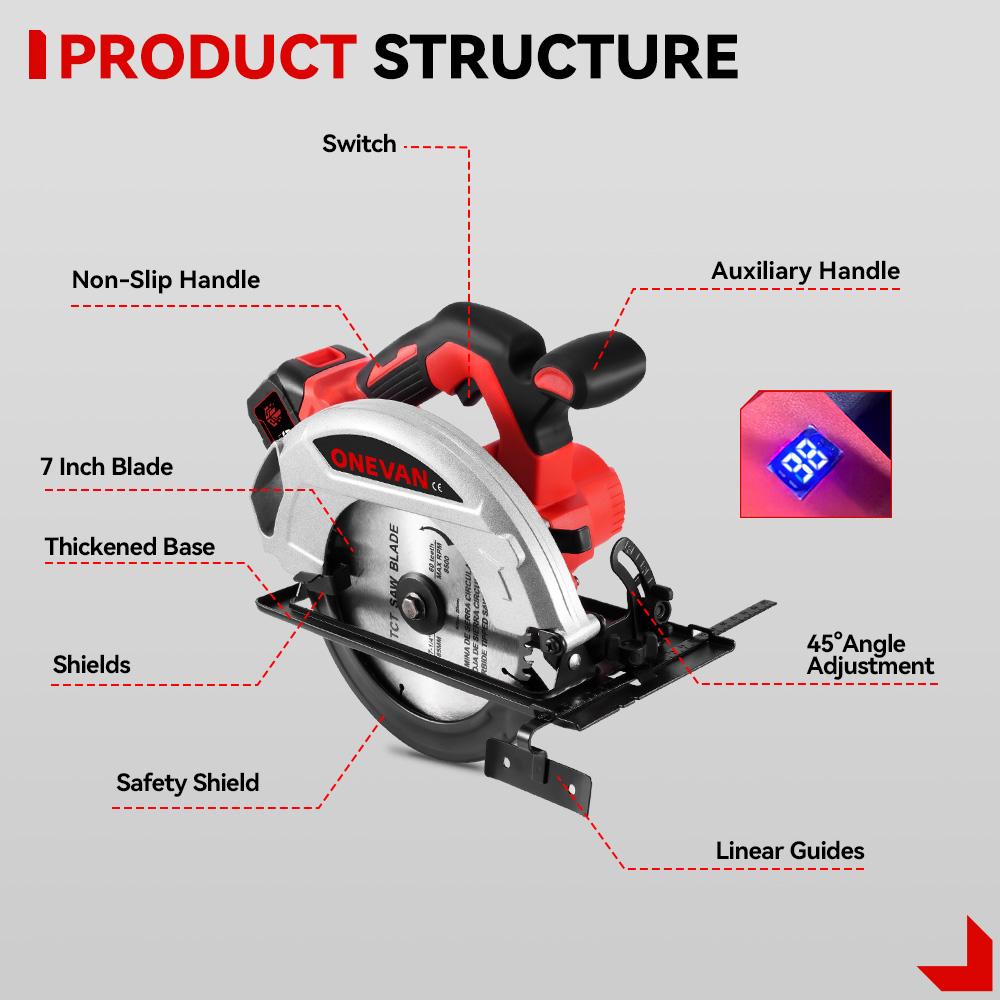 ONEVAN 7Inch 185mm Brushless Electric Circular Saws Cordless Adjustable Woodworking Cutting Power Tool For Makita 18V Battery