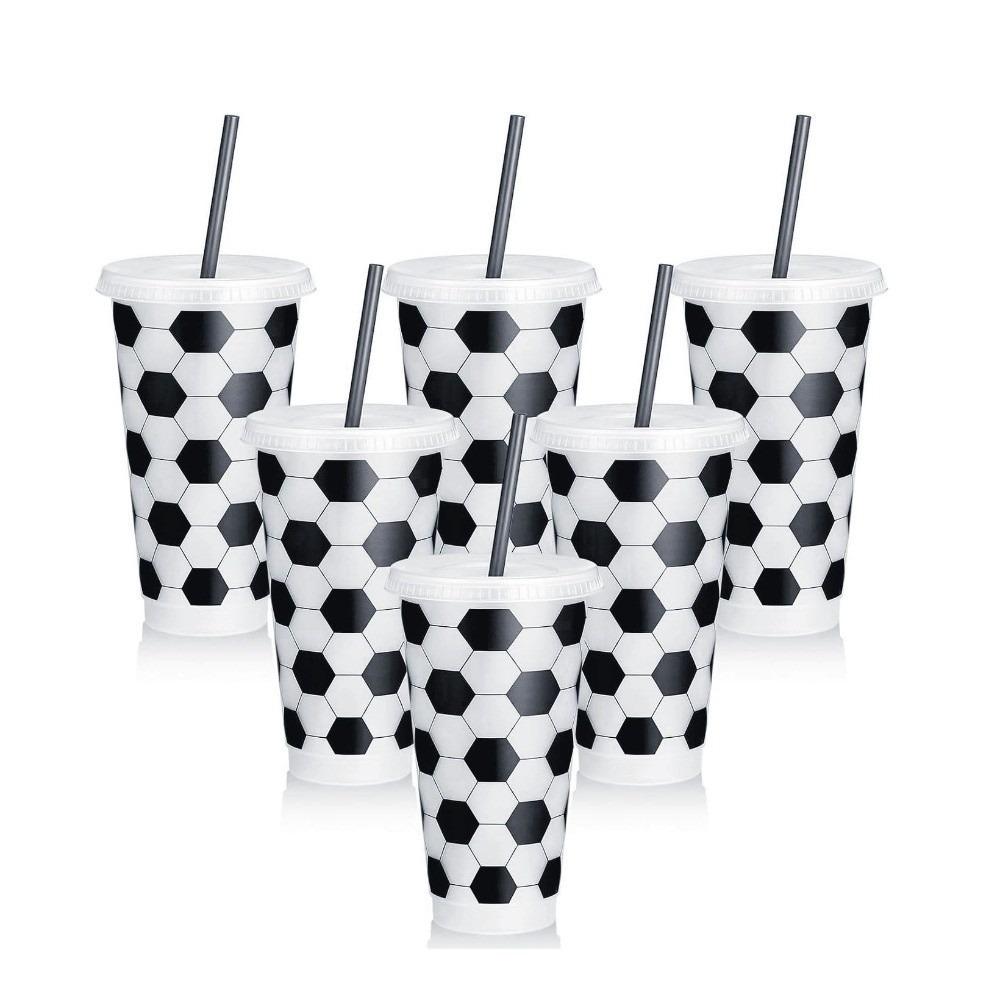 6 Pcs Set 24 OZ Soccer Cups Large Capacity Reusable Straw Cup with Lid and Straw Stackable Coffee Cup Soccer Fans Party Supplies