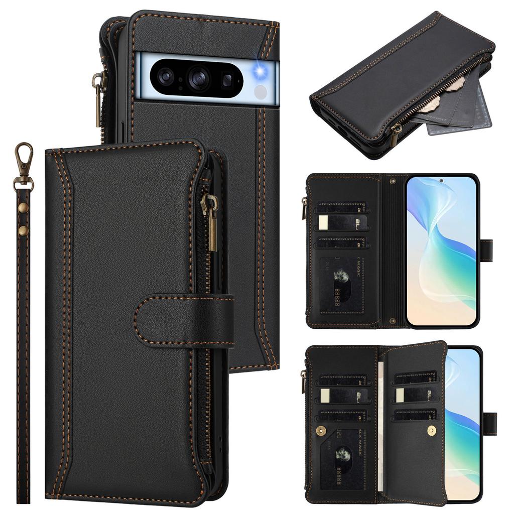 For Google Pixel 8 Pro Leather Case 9 Card Slots Zipper Wallet Stand Phone Cover with Wrist Strap