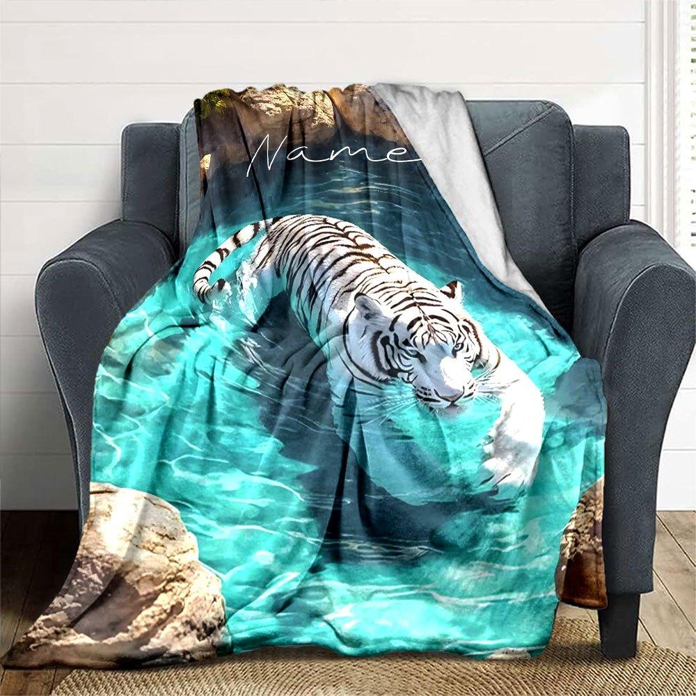 White Tiger In Pool Home Customize Your Name Blankets Soft And Cozy For All Seasons Perfect For Picnics Sofa Office Bed Living Room Ideal Gift For