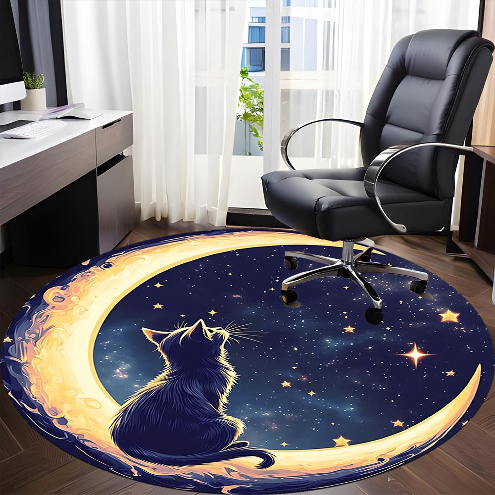 1pc Moon Cat Office Round Area Rug, Indoor Mat Suitable For Office, Under Office Chairs Bedroom Living Room Home Decor, Room Deco 042