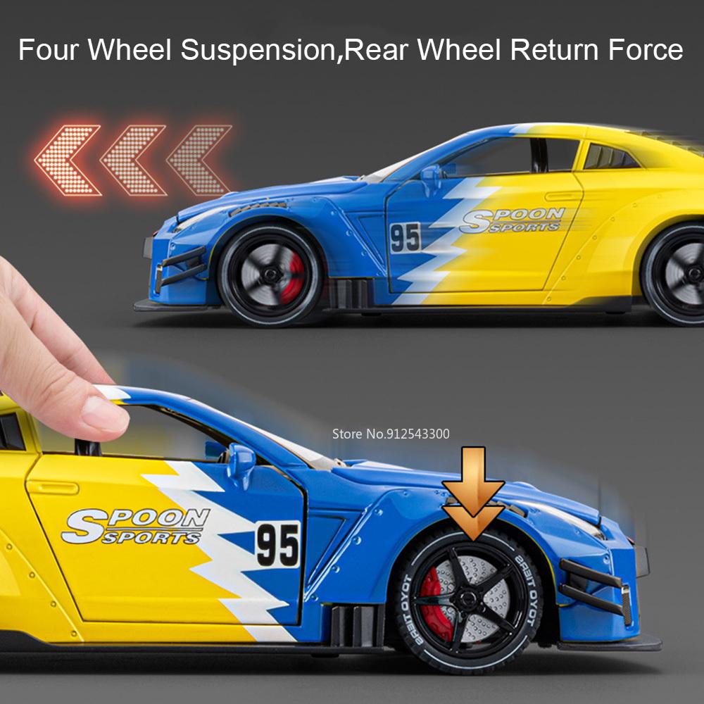 1:Модель спортивного автомобиля GTR R34 в масштабе 1:24, литая из сплава, с открывающимися дверями, с механизмом оттяжки, звуком и светом. Подарок для ребенка