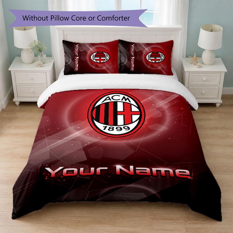 AC Milan Custom Name Text Bedding Set 1 Duvet Cover+2 Pillowcases Soccer Logo Personalized Gift For Special Occasion Bedroom Decor