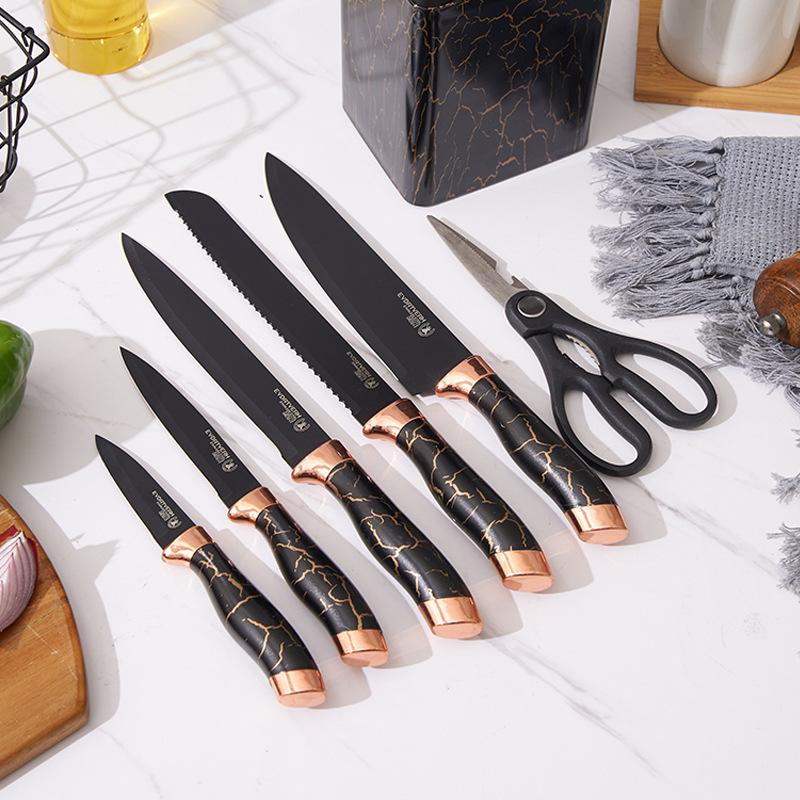 7pcs Kitchen Knife Sets Stainless Steel Chef Knife Bread Knife Marble Textured Handle Sets Tool Holder with Grinding Stone
