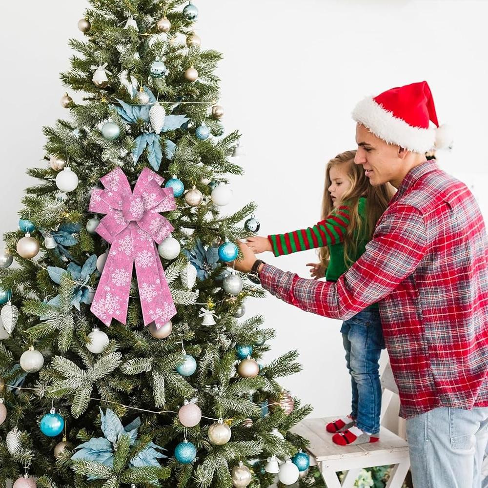 Large Pink Snowflake Christmas Wreath Bow for Front Door Wall Fence Decor Tree Topper Bow for Christmas Party Decoration Supplie