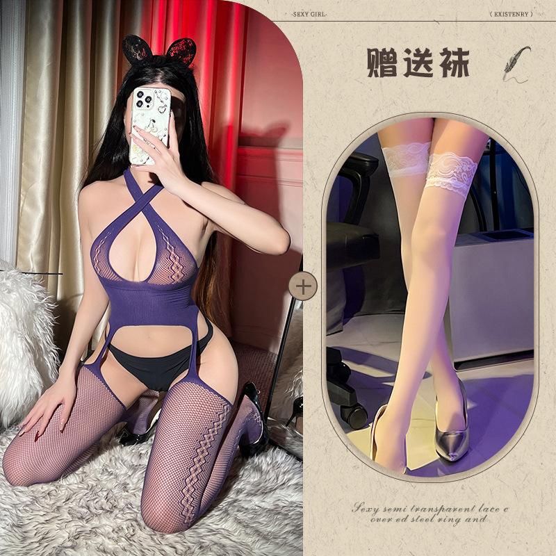 Pure desire to cross the neck fishing net socks tear hollow onesie women's stockings open crotch