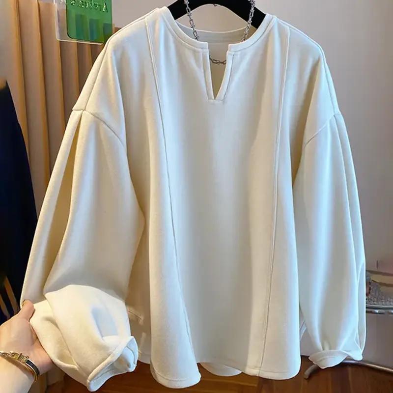 Толстовка для женщин Оверсайз V-образный вырез Утепленная Свободная Повседневная Пуловер Длинный рукав Зимняя Толстовка Топ