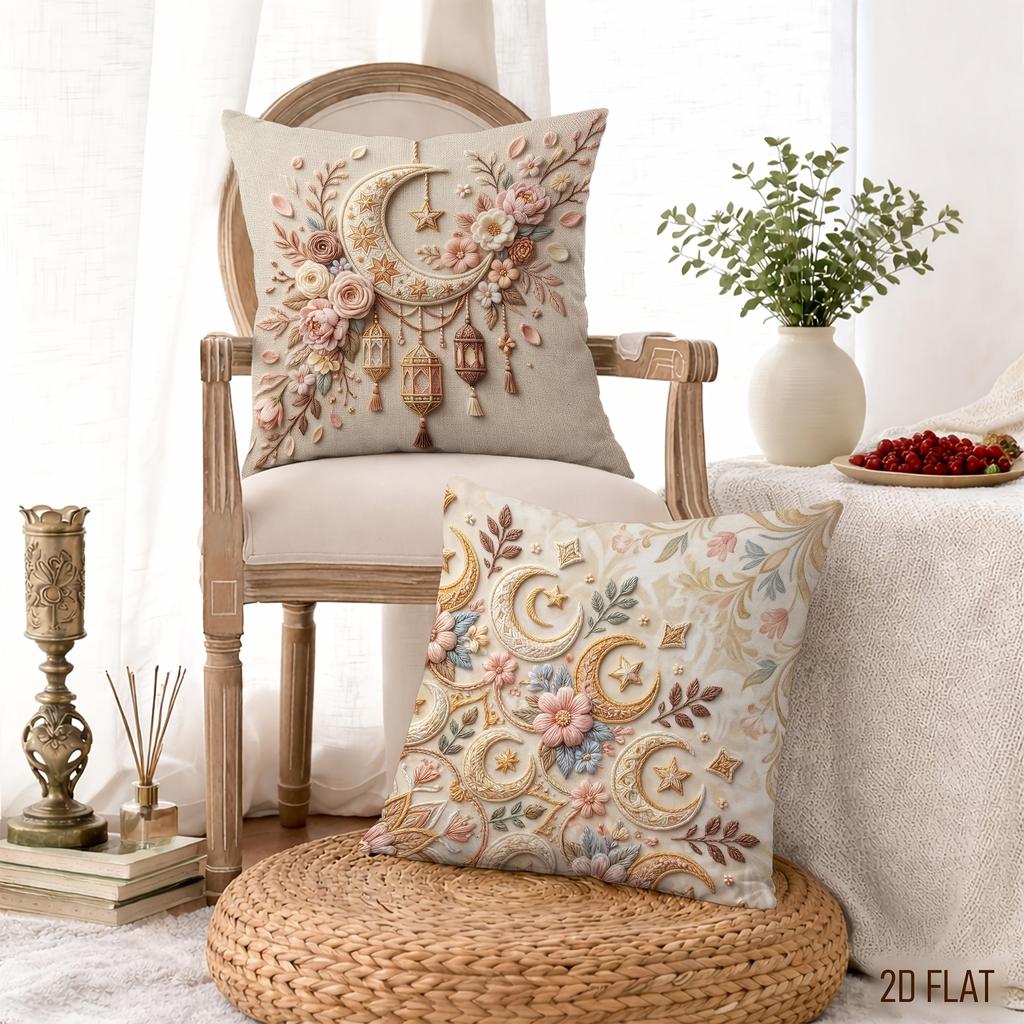 4Pcs Ramadan Moon Star Lantern Cushion Cover Arabic Floral Pillow Case Polyester Home Decor Sofa Living Room Bedroom 2D Flat