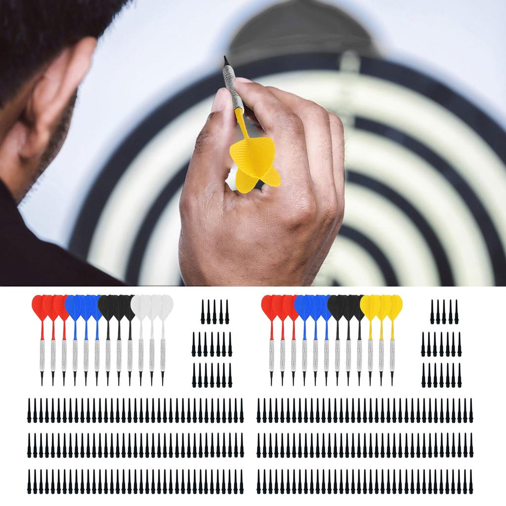 Safe Darts 12Pieces 14g Darts Set Soft Plastic Tip Plastic Barrels Iron Nickel Plated Shaft Plastic Flight with 100 Tips