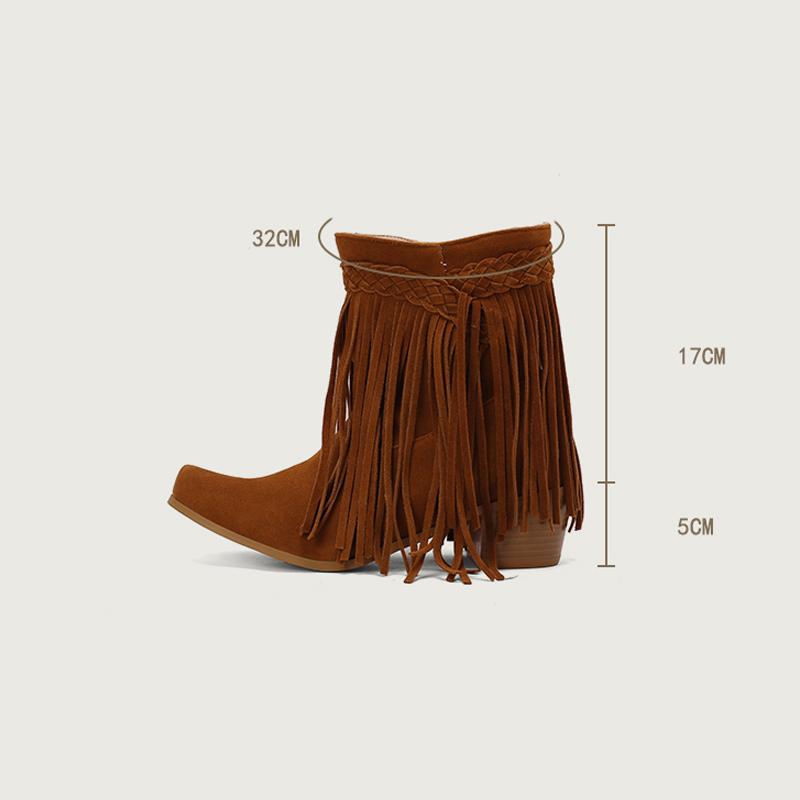 Autumn Winter Women Retro Tassel Ankle Boots Faux Suede High Heels Women Western Cowboy Fringe Booties Plus Size 46 Woman Shoes