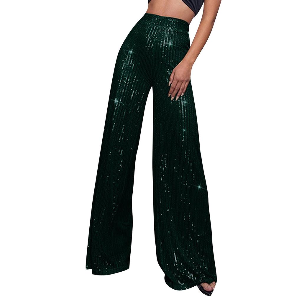 Women's Fashion Solid Color High Waist Sequin Side Zipper Draped Wide Leg Pants