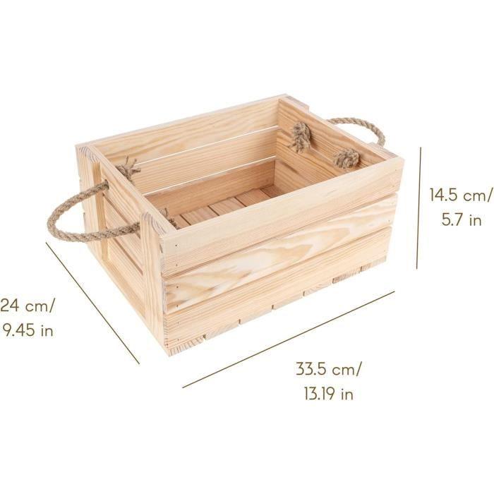 Boîte de rangement - CREATIVE DECO - Caisse en Bois Naturel - 33,5 x 24 x 14,5 cm - Poignées en Corde de Jute