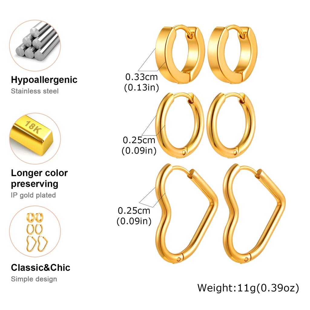 3 Pcs Geometric Heart Hoop Earrings for Women, Stainless Steel Gold Plated Irregular Circle Earrings, Minimalist Luxury Jewelry