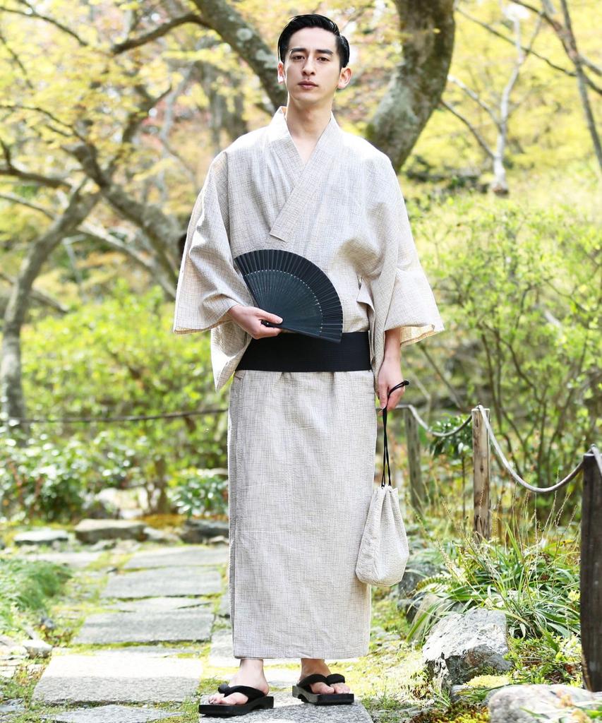 Yukata Set Shingen Waist [Rochelle] Men's 6-piece (Yukata, Obi, Geta, Bag, Fan, Belt)