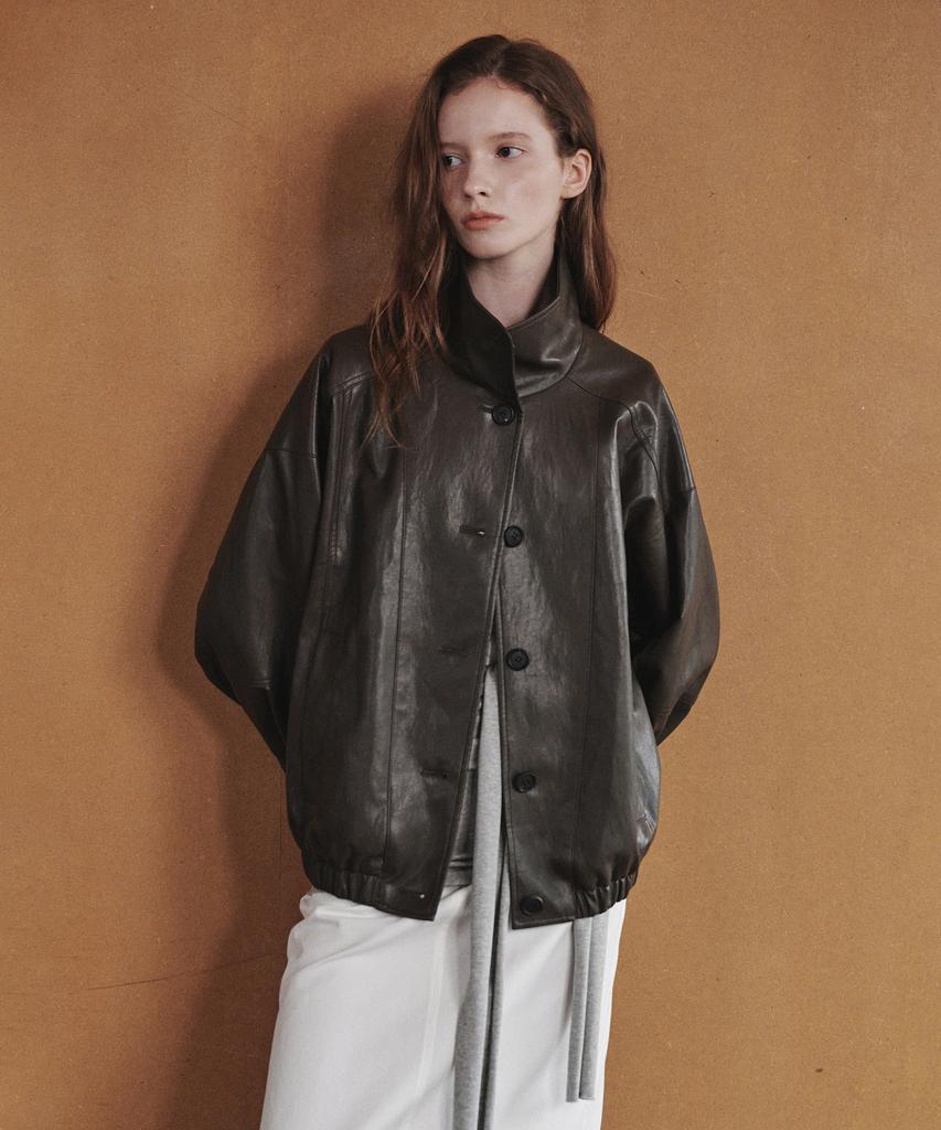 OSTKAKA High-Neck Leather Blouson Jumper Brown