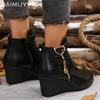 Женские ботильоны на танкетке из кожи, дизайнерские туфли на среднем каблуке с пряжкой, ретро-обувь, новый бренд 2025 года, зимняя классика, на молнии, Botas De Mujer