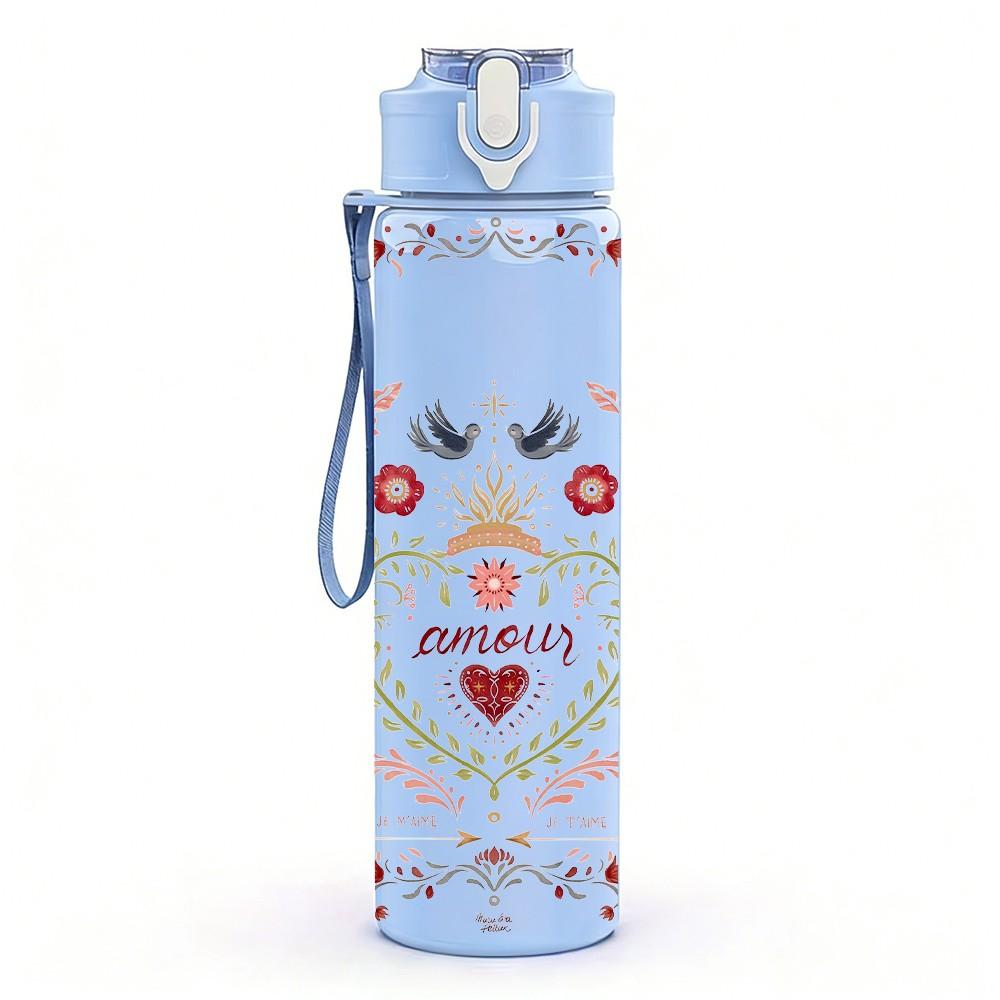1PC Lace Heart Bow Romantic Vintage Pattern 750ml Color Plastic Sports Water Bottle Leakproof Flip Straw Lid Suitable for Sports Office Home Use