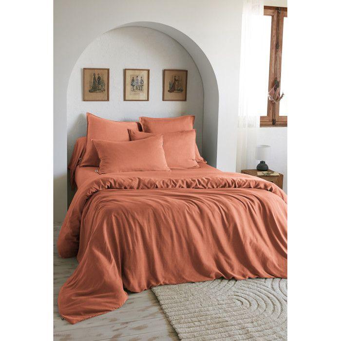 Pack complet housse de couette "Lysandre" toutes dimensions "Lyocel" L'effet Papillon - Lysandre Terracotta - Pack 4 Pièces pour lit
