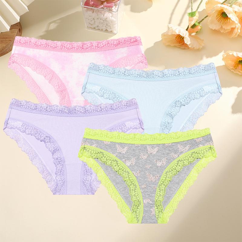 4PCS Women Cotton Printing Panties Seamless Lace Panties Low Rise Female Underwear Comfortable Sexy Lingerie Intimates Panties