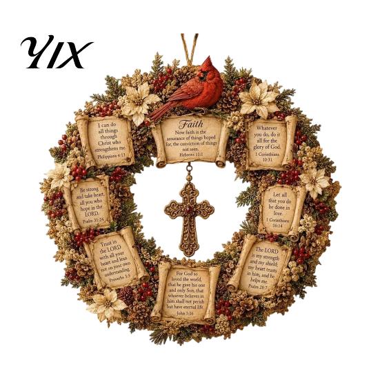 Christmas Cross Wreath Christian Bible Verse Wreath, Pine Cones Decor, Religious Pastoral Thanksgiving Gifts Scripture for Front Door Wall Decor