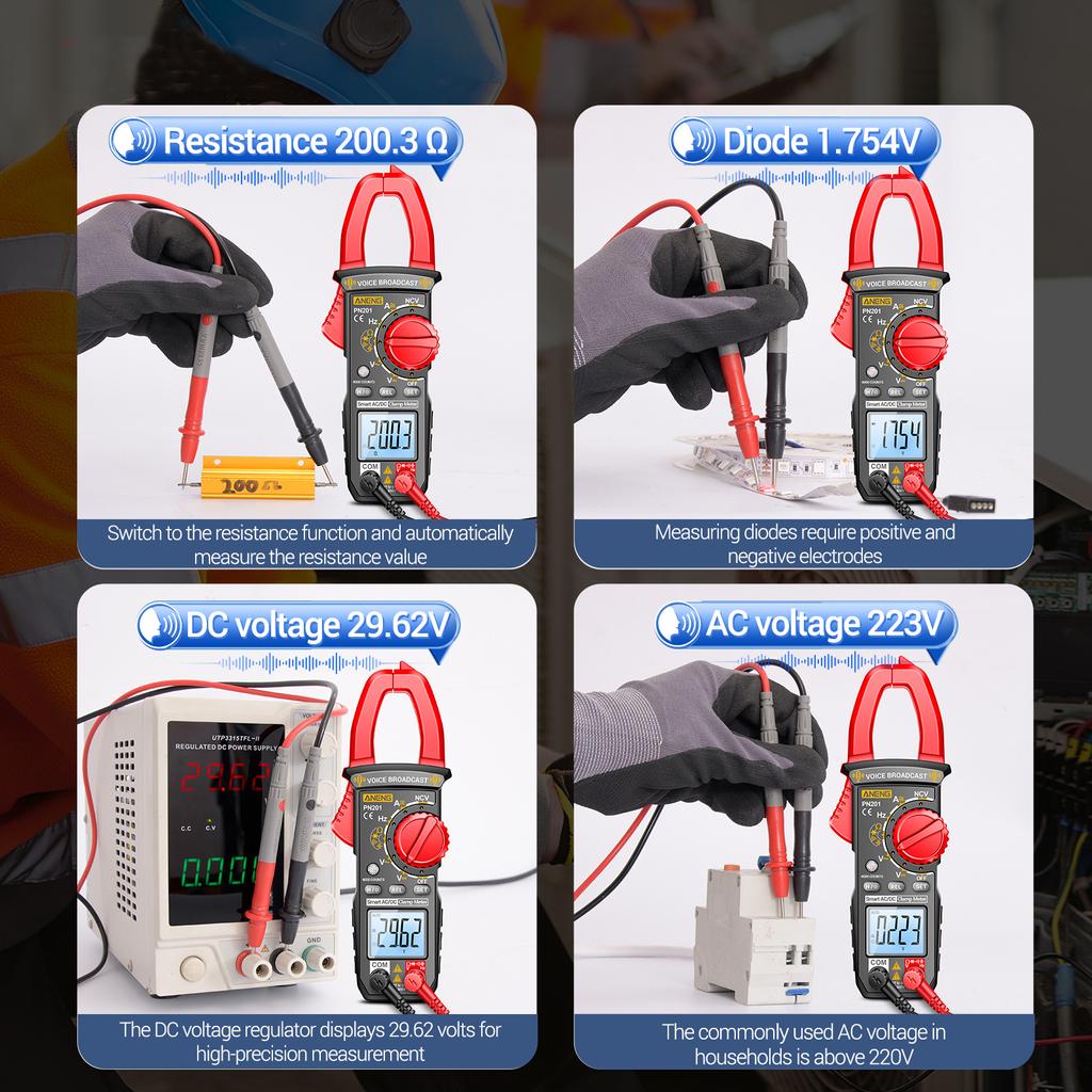 ANENG PN201 Voice Meters Digital Clamp Meter Multimeter Tester 4000 Counts with NCV Amp Ohm Volt