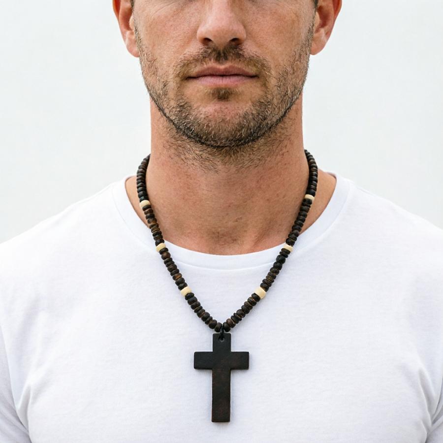 Noter Vintage Wooden Cross Pendant Necklace For Men Handmade Brown Wood Beaded Chain Catholic Christian Religious Jewelry Gift