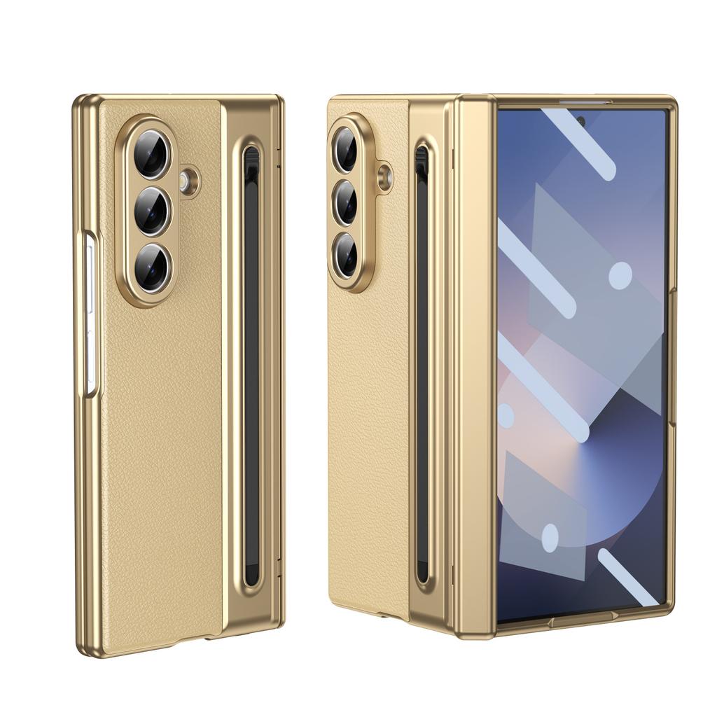 Suitable for Samsung Z Fold7 Gold Armor Pen Slot Folding Mobile Phone Chitin Leather Elastic Fold6 Shell Film Anti Fall Protection Case