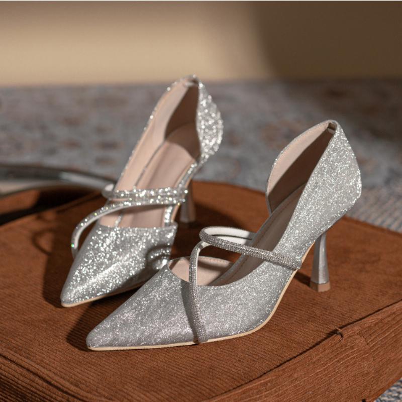 Women's Fashion Luxury Rhinestone Pumps Women New Spring Silver High Heel Sexy Pointed Pumps Elegant Party Ladies Wedding Shoes